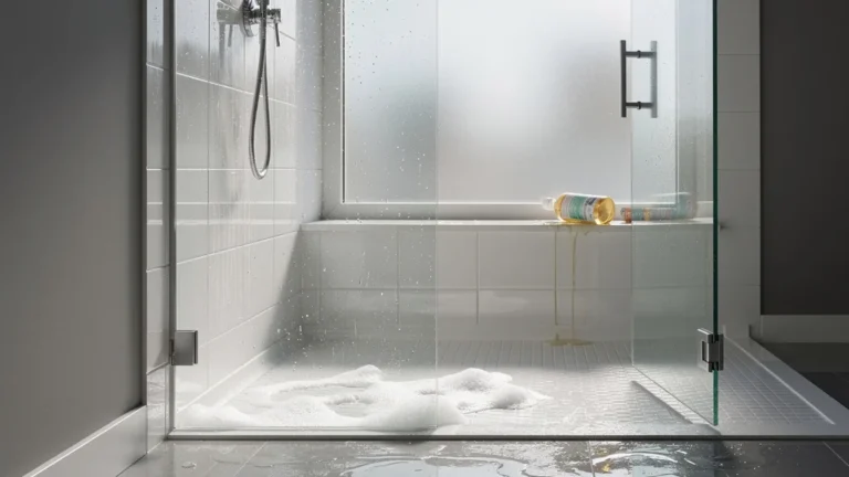 Douche avec carrelage brillant montrant les traces d’humidité et risques, erreur à éviter en salle de bain