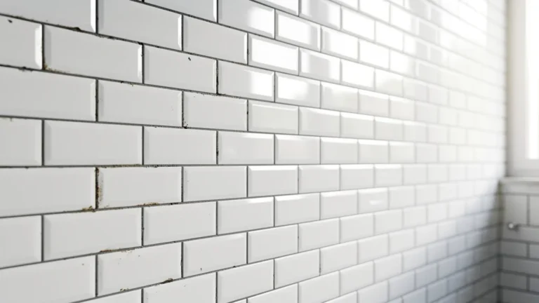 Mur en faïence métro blanche lumineuse avec joints visibles exigeant un entretien régulier