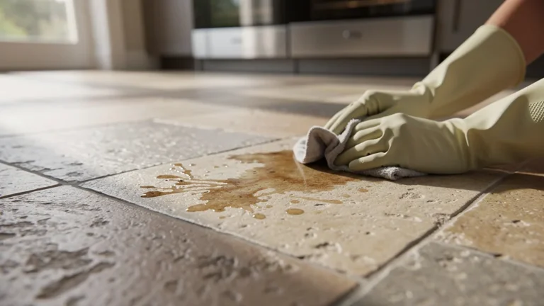 Carreau effet pierre mat et chaleureux dans cuisine semi pro, avec taches grasses visibles absorbées