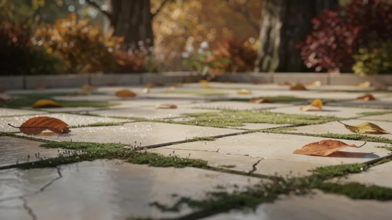 Carrelage clair extérieur envahi par mousse verte dès l’automne, sol extérieur verdissant