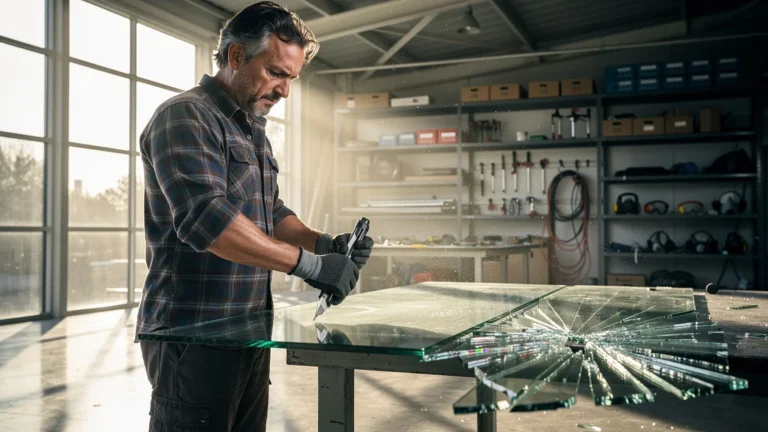 Homme concentré coupant du verre après avoir cassé trois carreaux en atelier lumineux
