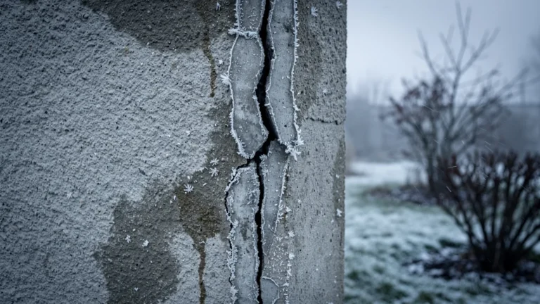 Détail hyper-réaliste d’un joint trop fin fissuré après le premier hiver, symbole de regret