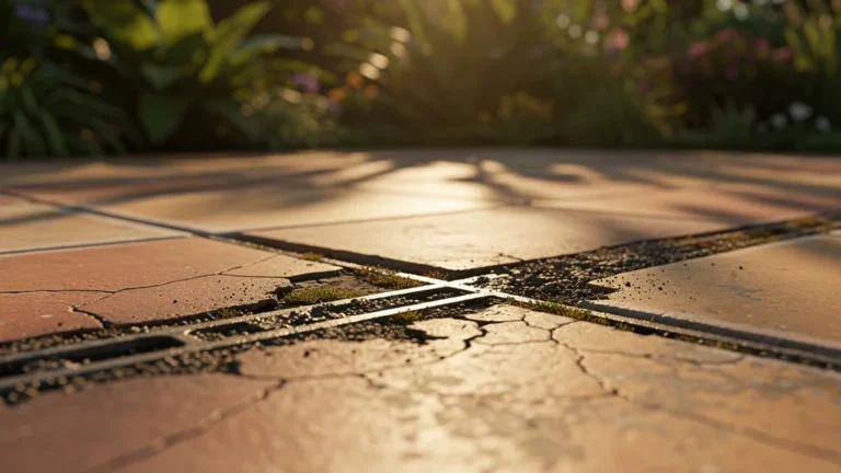 Patio extérieur avec carreaux aux joints noirs révélant l’usure et la cause des joints détériorés