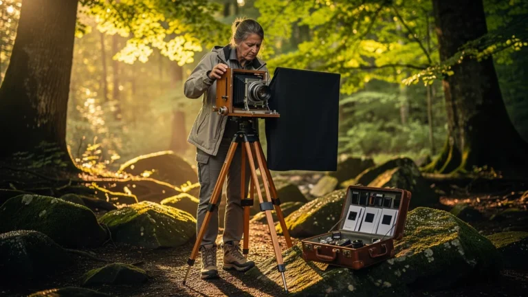 Photographe ajustant un grand format en extérieur illustrant ses défis et qualités pour la pose photo
