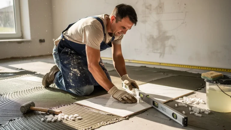 Pose de premiers carreaux avec niveau, démonstration de précision et méthode DIY en maison moderne