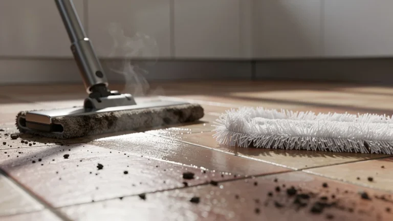 Balai vapeur et serpillière microfibre nettoyant un sol carrelé encrassé, avant-après visible