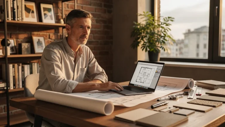 Portrait réaliste d’un rédacteur professionnel Bezzina dans un bureau moderne lumineux et chaleureux