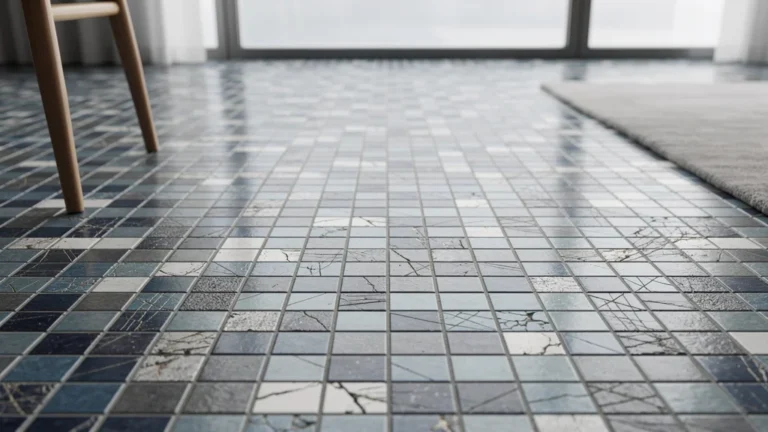 Carrelage mosaïque en gros plan montrant la résistance et l’usure après 6 mois d’utilisation