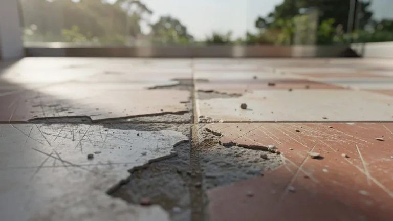 Détail hyper-réaliste d’un carrelage de terrasse usé par abrasion sans vérification de sa classe