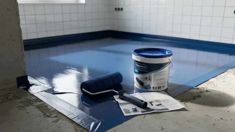 Installation d'étanchéité sous carrelage avant pose avec membrane liquide et outils professionnels