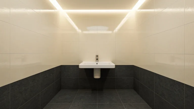 Petite salle de bain sans fenêtre avec faïence claire et foncée pour un effet lumineux et profond