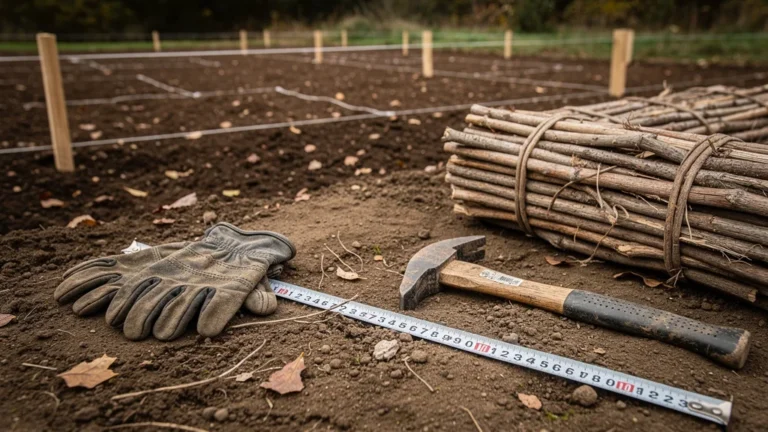 Préparation détaillée avant installation d’un lazo en aménagement extérieur, outils et matériaux naturels