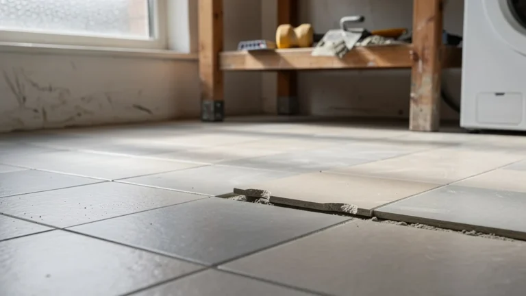 Carrelage de buanderie posé un dimanche avec deux carreaux légèrement ratés visibles au premier plan