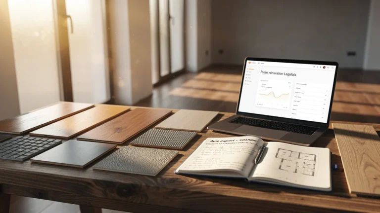 Espace de travail moderne avec échantillons de revêtements Legallais, ambiance professionnelle et matériaux de qualité
