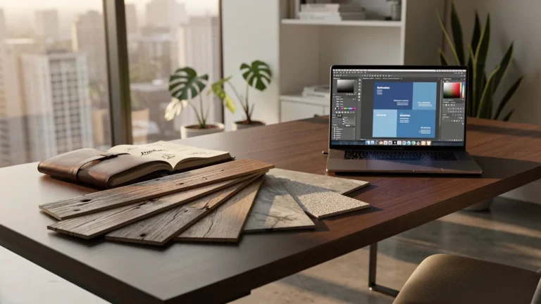 Espace de travail moderne avec échantillons de revêtements nardari sous lumière naturelle chaude