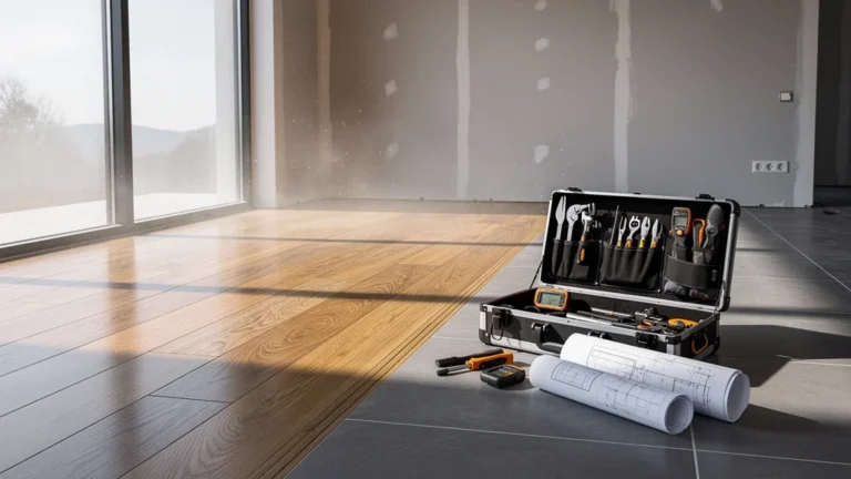 Intérieur moderne en rénovation montrant un sol de haute qualité évoquant Novasanit, conseils achat à éviter pièges