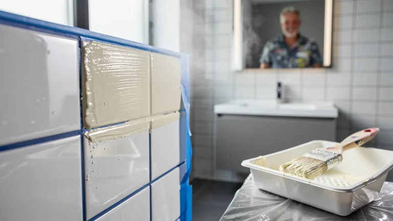 Peindre une faïence de salle de bain moderne avec précision et réalisme extrême, ambiance rénovation calme