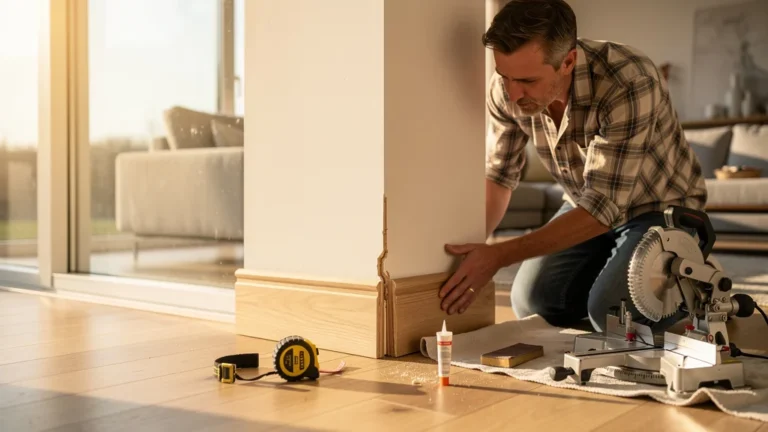 Installation ratée d’un angle de plinthe assortie dans un salon moderne en bois clair