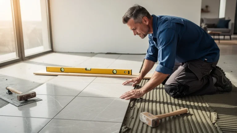 Homme posant un carrelage dans une pièce lumineuse, efficacité et précision après 48 heures