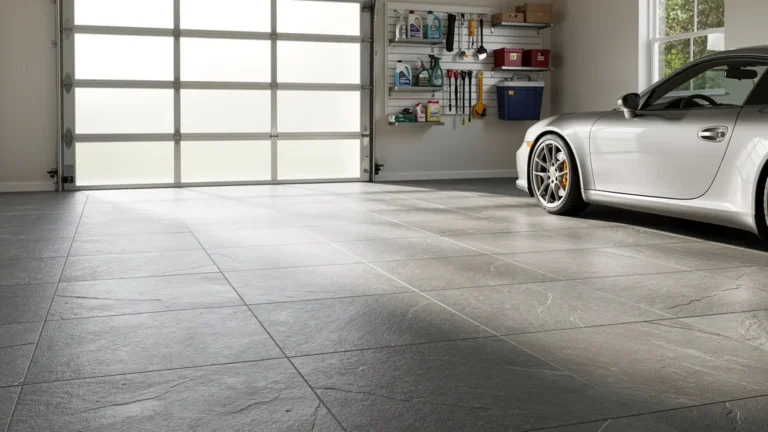 Garage moderne avec carrelage pleine masse gris mat, durable et esthétique, idéal pour sol de garage
