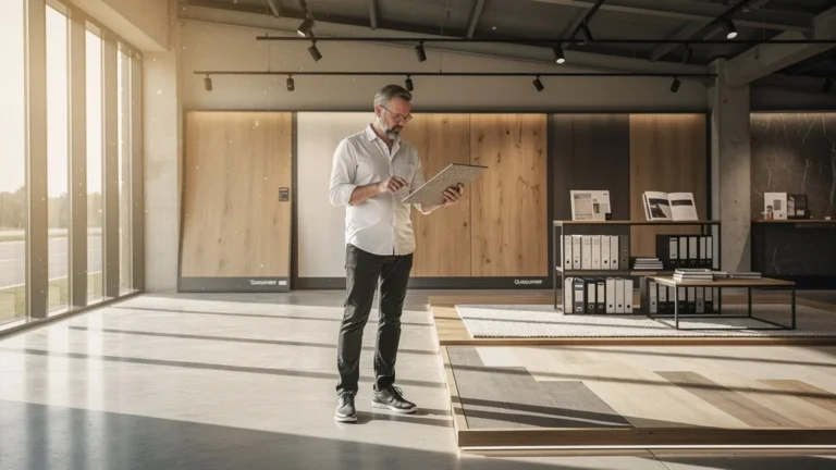 Portrait réaliste d’un homme dans showroom Queguiner, expert en revêtements et aménagement intérieur 2024