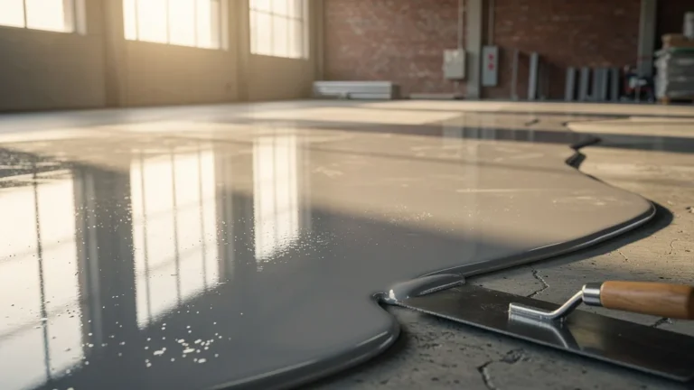 Application de ragréage autolissant sur sol béton avec lumière naturelle et texture ultra-détaillée 8K