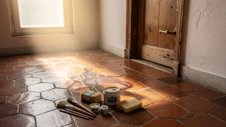 Rénovation minutieuse des tomettes anciennes dans une entrée préservant leur authenticité
