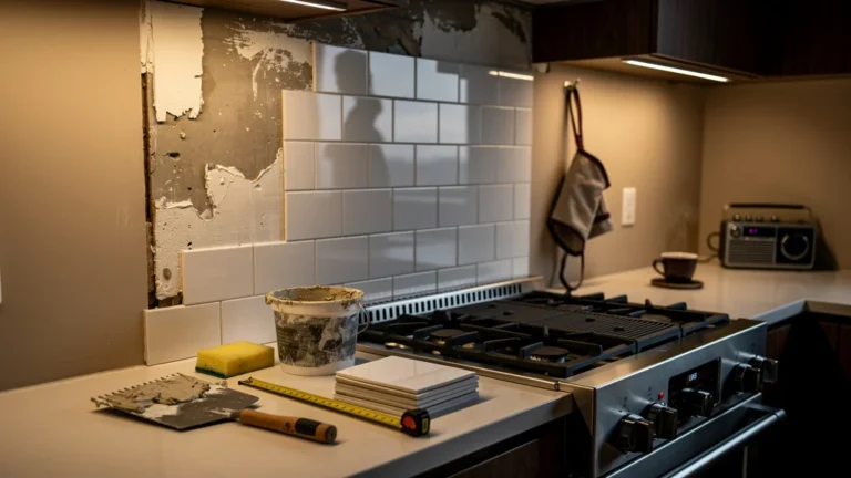 Rétroéclairage hyper-réaliste d’une cuisine avec faïence en cours de rénovation derrière plaques de cuisson