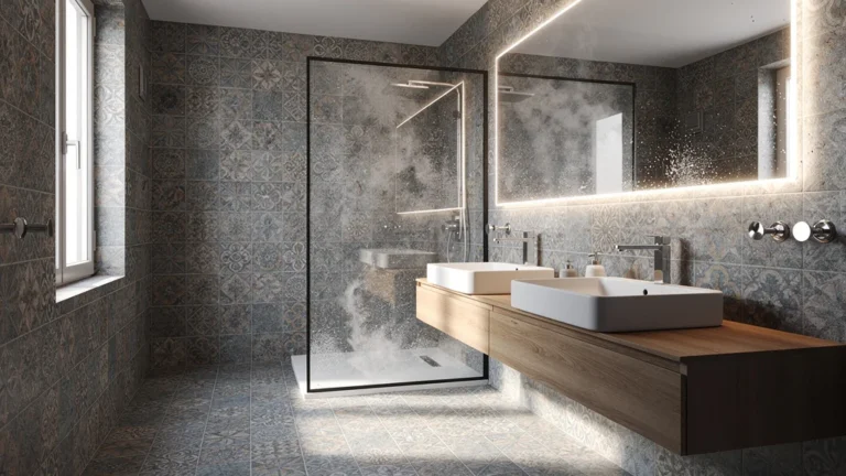 Salle de bain en carreau de ciment avec motifs géométriques et décor vintage moderne en lumière naturelle