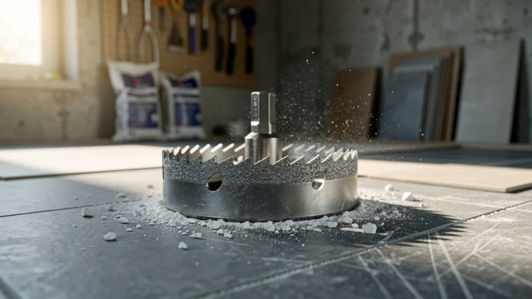 Scie cloche carrelage diamantée posée sur un carrelage avec poussière et éclats, ambiance atelier précis et professionnel