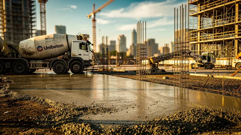 Chantier urbain moderne avec béton Unibeton coulé, lumière dorée et équipements en gros plan, réalisme extrême